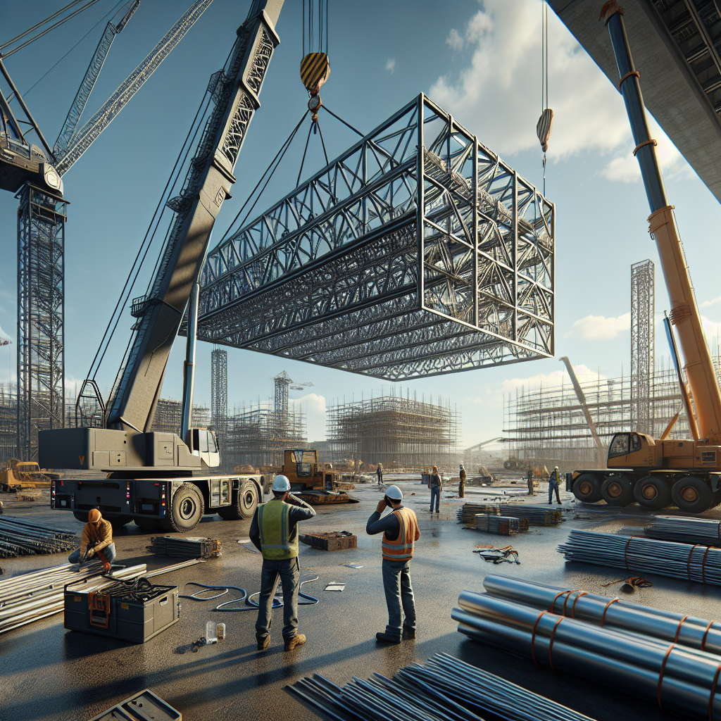 Монтаж металлических ферм с использованием автокрана